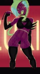 dark-skinned_female dark_skin fetish_wear green_hair latex_gloves latex_thighhighs moika moikaloop neon_hair original original_character symbiote_weeb