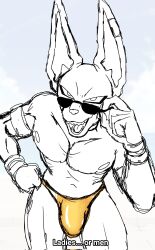 alien anthro beerus bulge clothing domestic_cat dragon_ball dragon_ball_super eyewear felid feline felis flaccid flirting foot_ninja15 hi_res male male_focus male_only mammal monochrome nipples pecs sketch solo speedo sunglasses swimwear zimakuarts