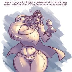 amazon clothed growth_potion growth_serum implied_growth large_breasts mini_giantess monochrome n647 scientist softcore solo_female solo_focus taller_female taller_girl