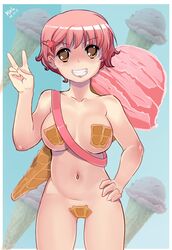 artist_name belt brown_eyes convenient_censoring female food hair_ornament hairclip ice_cream ice_cream_cone katawa_shoujo kola411 mikado_shiina nude photo_background pink_hair short_hair smile solo tagme timestamp v waffle waffle_cone