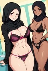2girls abs ai_generated bare_legs bare_thighs big_breasts black_clothing black_lingerie blush blushing blushing_at_viewer blushing_female brown_eyes burka cleavage code_lyoko dark-skinned_female dark_skin female female_only half-dressed half_naked hijab hourglass_figure light-skinned_female light_skin lingerie looking_at_viewer muslim muslim_female navel pink_lingerie smile smiling_at_viewer thick_thighs wide_hips