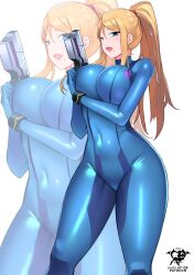 1girls big_breasts blonde_hair blue_bodysuit blue_eyes bodysuit breasts busty curvaceous curvy curvy_body curvy_female curvy_figure female handgun huge_breasts kaos_art large_breasts metroid mole mole_under_mouth ponytail samus_aran voluptuous zero_suit_samus