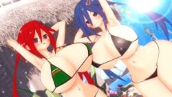 2girls 3d alternate_breast_size armpits arms_up beach bikini blue_hair blush cleavage hands_behind_head huge_breasts hyper_breasts jared(pixiv60547267) kurome_ankokuboshi light_skin looking_at_viewer neptunia_(series) open_mouth orange_eyes pose presenting purple_eyes red_hair round_breasts seductive smile sparkles thick_thighs twintails uzume_tennouboshi voluptuous