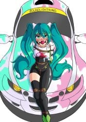 blue_eyes blue_hair bodysuit boundlightning hatsune_miku huge_breasts on_car racing_miku thick_thighs tied_up twintails vocaloid