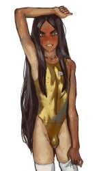 1boy black_hair character_request embarrassed femboy girly god-emperor_of_mankind long_hair looking_at_viewer mossa mossacannibalis one_piece_swimsuit otoko_no_ko otokonoko red_face sweating tagme tan_body tattoos thigh_highs warhammer_40k