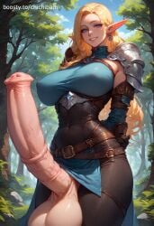 ai_generated armor big_breasts blonde_hair blue_eyes chichibami elf erection forest futanari horsecock horsecock_futanari huge_balls huge_cock long_ears long_hair looking_at_viewer self_upload smiling sunny tight_clothing viewed_from_below