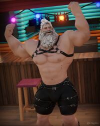 1boy bara barazoku beard bulge flexing frogtoa leather light-skinned_male light_skin male male_only mature mature_male muscular muscular_male old_man older_male overwatch overwatch_2 reinhardt solo solo_male white_hair