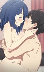 1boy 1girls absurdres after_kiss ahoge blue_eyes blue_hair blurry blurry_background blush breasts commentary_request completely_nude couple eye_contact female happy_sex highres indoors kissing kissing_while_penetrated large_breasts light-skinned_female looking_at_another make_heroine_ga_oo_sugiru! medium_hair motion_lines nude nukumizu_kazuhiko open_mouth revision saliva saliva_trail sex sincos straight sweat tongue tongue_out vaginal_penetration yanami_anna