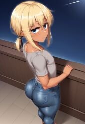 1boy ai_generated annoyed ass blonde_hair blue_eyes denim denim_pants from_behind grey_shirt huge_ass looking_at_viewer low_ponytail original pants shirt tan_skin thick_thighs yoshi_tama_(style)