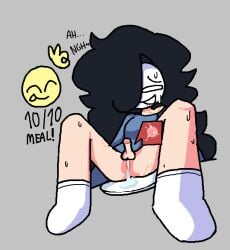 arcaned_roses bite_marks black_hair blue_shirt cum_in_pussy cum_leaking_out_of_pussy fertilization impregnation light-light_skin long_hair long_sleeves male_pregnancy mask masked masked_male no_panties oc original_character roses_arcaned sweat sweating sweaty sweaty_body white_socks