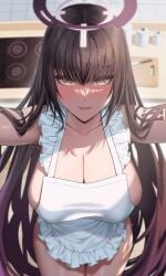 absurdres apron black_hair blue_archive blurry blurry_background breasts cleavage closed_mouth collarbone dark-skinned_female female gradient_hair hair_between_eyes halo highres karin_(blue_archive) kitchen knife large_breasts long_hair looking_at_viewer multicolored_hair naked_apron purple_hair purple_halo riro_(rir_0) smile solo very_long_hair white_apron yellow_eyes