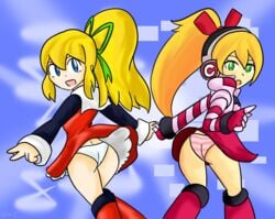 call_(mighty_no._9) crossover mega_man mega_man(classic) mighty_no._9 panties roll striped striped_panties upskirt white_panties xero-j