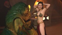 1girls 3d alexbridger angry belly_dancer belly_dancer_outfit bib_fortuna brown_eyes brown_hair chain_leash chained dancer_outfit disgusted enslaved_royal femsub hands_on_head humiliation hutt jabba's_palace jabba_the_hutt licking_belly loincloth medium_breasts princess_leia_organa slave slave_bikini slave_collar slave_leia slave_outfit slavegirl slime slime_on_belly star_wars submissive_female twi'lek