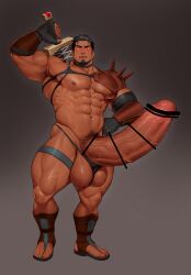 abs armor bar_censor bara biceps black_hair blush bodybuilder boner censor_bar censored censored_genitalia censored_penis erection facial_hair feet huge_balls huge_cock hyper hyper_balls hyper_genitalia hyper_penis hyper_testicles kuromine_hiraya male male_focus male_only muscle muscles muscular muscular_arms muscular_legs muscular_male muscular_thighs nipples pecs pubic_hair solo solo_male thick_thighs thong warrior yuatari