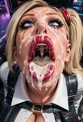 after_blowjob after_fellatio after_oral ai_generated big_lips blonde_hair blue_eyes bukkake button_down_shirt cleavage close-up cum cum_drip cum_dripping cum_in_mouth cum_on_tongue eyes_rolling_back eyeshadow facial female female_only head_back lipstick logan_d makeup mascara mascara_tears mirra_snow mommy mouth_full_of_cum mouthful nightclub open_mouth ruined_makeup side_ponytail solo solo_female thick_lips vest