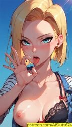 ai_generated ai_sluts android_18 bra dragon_ball fellatio_gesture one_breast_out sole_female