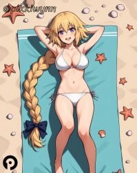 ai_generated armpits arms_behind_head arms_up bangs bare_shoulders beach bikini black_bow blonde_hair blush bow braid breasts cleavage collarbone fate/apocrypha fate/grand_order fate_(series) female hairbow jeanne_d'arc_(fate) large_breasts long_braid long_hair looking_at_viewer lying navel on_back open_mouth pikkiwynn purple_eyes sand side-tie_bikini_bottom single_braid smile solo swimsuit thighs very_long_hair white_bikini