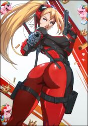 1girls anime_style ass ass_focus back back_view big_ass big_breasts big_butt blonde_hair blue_eyes clothed clothing color english_text felox08 female female_focus female_only gun guns hi_res lady_deadpool large_breasts light-skinned_female light_skin long_hair looking_at_viewer marvel marvel_comics pistol solo solo_female suit sword tagme text text_bubble thick_thighs wanda_wilson