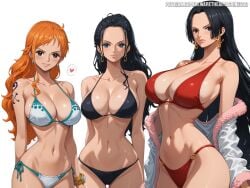 3girls ai_generated bare_arms bare_legs bare_shoulders bare_thighs belly_button bewaretheaimachinegod big_breasts bikini bikini_bottom bikini_top black_hair blue_eyes blush boa_hancock cleavage cleavage_overflow clothed clothing color female female_focus female_only hi_res hourglass_figure jewelry large_breasts light-skinned_female light_skin long_hair looking_at_viewer nami nami_(one_piece) nico_robin one_piece orange_eyes orange_hair post-timeskip shounen_jump solo_female tagme tattoo thick_thighs wide_hips