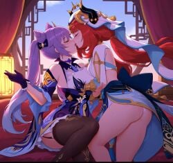 1girls 2girls ai_generated ai_hands breasts closed_eyes genshin_impact keqing_(genshin_impact) kissing nilou_(genshin_impact) rac3rrr yuri