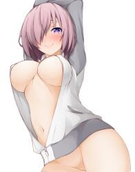 arms_up blush breasts cleavage closed_mouth coat fate/grand_order fate_(series) female from_below grey_jacket hair_over_one_eye hinata_masaki jacket large_breasts long_sleeves looking_at_viewer looking_down mash_kyrielight naked_coat navel no_bra no_panties open_clothes open_jacket partially_unzipped pink_hair purple_eyes short_hair simple_background smile solo track_jacket white_background zipper_pull_tab