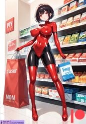 ai_generated black_hair bodysuit breasts catsuit female kuriboh_ex_(artist) latex latex_clothing latex_gloves latex_stockings latex_suit long_gloves long_stockings oppai red_eyes rubber rubber_clothing rubber_suit short_hair skin_tight