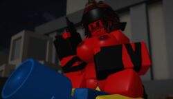 1boy 1girls 3d 3d_(artwork) bandana black_bandages blush bucket dark_red_hair female first_porn_of_character genderswap_(mtf) gun hammer_battler_(the_battle_bricks) male red_body red_skin roblox roblox_game rule_63 self_upload sex the_battle_bricks tumore uzi uzi_rambo_(the_battle_bricks) wompwompsad yellow_body yellow_skin