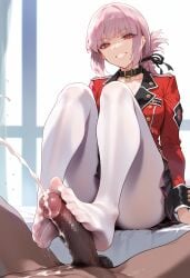 ai_generated black_penis clothed_female_nude_male clothed_footjob cum cumming dark-skinned_male dress fate/grand_order fate_(series) feet florence_nightingale_(fate) footjob footjob_pov footjob_with_legwear huge_cock interracial military_uniform nude_male_clothed_female pantyhose penis pink_hair red_eyes smile tagme white_legwear