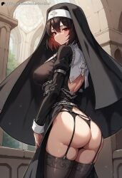 1girls ai_generated ass black_hair black_legwear black_panties chains church_interior exposed_back garter_belt garter_straps highres hua_ran_(i_killed_the_academy_player_of_the_academy) i_killed_the_academy_player_of_the_academy looking_at_viewer looking_back manhwa medium_length_hair nun nun_outfit nun_veil red_eyes short_hair solo_female thick_ass thick_thighs webtoon