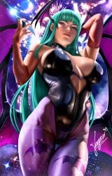 1female 1girls bat_wings big big_breasts bodysuit breasts cameltoe capcom darkstalkers female female_only green_hair head_wings huge large_breasts looking_at_viewer moon moonlight morrigan_aensland skintight solo succubus wings yagamiartt