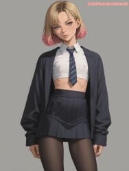 1girls ai_generated bangs black_clothes black_jacket black_legwear black_pantyhose black_skirt blonde_hair blue_eyes breasts brown_legwear brown_pantyhose closed_mouth clothing collared_shirt cowboy_shot crop_top earrings female female_only gradient_hair grey_background gwen_stacy gwen_stacy_(spider-verse) high_resolution jacket jewelry legwear light-skinned_female lips long_sleeves looking_at_viewer marvel midriff miniskirt multicolored_hair navel necktie neckwear open_clothes pantyhose piercing pink_hair pink_highlights pleated_skirt school_uniform shirt short_hair simple_background skirt solo solo_female spider-gwen spider-man:_across_the_spider-verse spider-man:_into_the_spider-verse spider-man_(series) standing striped striped_necktie striped_neckwear teenage_girl teenager uniform white_background white_shirt xsfmworks