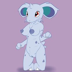 anthro areola blue_skin breasts claws erect_nipples female heart horn kneeling looking_at_viewer mammal navel nidoran nidoran♀ nintendo nipples nude pokemon posexe pussy red_eyes rodent simple_background solo teeth toe_claws video_games white_sclera