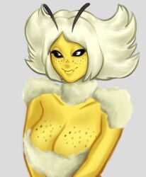 1girls 2d 2d_(artwork) antennae bee bee_girl breasts cleavage digital_drawing_(artwork) digital_media_(artwork) female female_focus female_only freckles freckles_on_face joakadraws medium_breasts oc original original_character presenting presenting_breasts simple_background smile smiling yellow_body yellow_skin