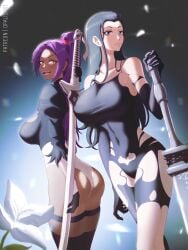 2girls ass bare_arms bare_legs bare_shoulders bare_thighs big_ass big_breasts big_butt black_hair bleach blue_eyes breasts clothed clothing color cosplay crossover dark-skinned_female dark_skin female female_focus female_only hi_res huge_breasts large_breasts light-skinned_female light_skin long_hair looking_at_viewer multiple_girls nico_robin nier nier:_automata nier_(series) one_piece opalisart open_mouth ponytail post-timeskip purple_hair shihouin_yoruichi shounen_jump solo_female sword thick_thighs yellow_eyes yorha_2b_(cosplay) yorha_a2_(cosplay)