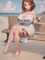 ai_generated artist_name artist_request barefoot beach big_breasts blacked boku_no_hero_academia brown_eyes clothed clothed_female clothing curvy curvy_body curvy_female curvy_figure dark-skinned_male dress full_body fully_clothed huge_breasts massive_breasts mommy my_hero_academia no_se ochako_uraraka short_hair sitting smile smili tattoo tattoo_on_legs