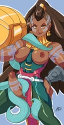 1futa bigdeadalive breasts breasts_out brown_eyes brown_hair dark_skin earrings facial_tattoo futanari gorget hand_on_hip illaoi intersex inverted_nipples league_of_legends loincloth long_hair looking_at_viewer nipples penis penis_tattoo smile tattoo tentacle tentacles_on_futa vambraces very_long_hair