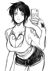 arm_tattoo big_breasts blush bra bra_cups_sticking_out canon_genderswap chest_tattoo cleavage dolphin_shorts expressionless female female_only frown genderswap_(mtf) hand_tattoo knuckle_tattoo monochrome one_piece phone rule_63 selfie short_hair short_shorts shorts shoulder_tattoo sketch solo tank_top tattoo tattoos tiradmisx trafalgar_law trafalgar_law_(female)