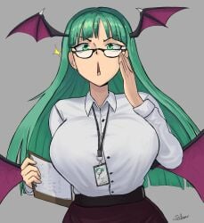 artist_request breasts busty clothing darkstalkers eyewear female glasses lanyard large_breasts morrigan_aensland neckwear office_clothing office_lady pale_skin succubus succubus_wings
