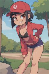 ai_generated black_hair bra cleavage hoodie jean_shorts leaning_forward legs leonarda minecraft open_clothes outdoors outside pixai qsmp qsmp_eggs red_eyes red_hat red_hoodie short_hair short_shorts skinny sports_bra tomboy