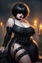 ai_generated arm_stockings black_dress black_hair candlelight candles choker chubby chubby_female covered_eyes eyes_covered goth goth_clothing goth_girl gravestone graveyard hair_covering_eyes huge_breasts josie_(euclidbeing) long_dress original_character raining short_hair thick_thighs thigh_strap tombstone