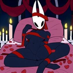 1girls ai_generated arthropod bed black_body bound breasts bug candle female hollow_knight hornet_(hollow_knight) horns insects looking_at_viewer novelai nude petals pillow ribbon ribbons romantic romantic_ambiance rose_petals self_upload simple_background solo tied_up