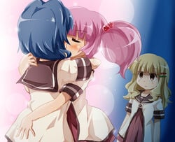 3girls aqua_eyes ass_grab blonde_hair blue_background blue_hair blush brown_eyes cheating closed_eyes colored_eyebrows empty_eyes expressionless eyebrows_visible_through_hair female_focus flat_chest furutani_himawari hair_bobbles hair_ornament hairband hairclip hug kissing love multiple_girls nanamori_school_uniform netorare oomuro_sakurako pink_background pink_hair school_uniform shiny shiny_hair shiny_skin sparkle twintails two-tone_background uniform yoshikawa_chinatsu yuri yuru_yuri