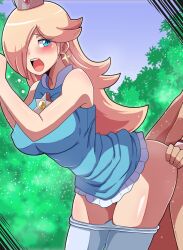 1boy 1girls ambiguous_penetration ass ass_grab bare_arms bare_shoulders big_breasts blonde_hair blue_eyes blush breasts clothed clothed_female clothed_sex clothing crown female female_focus from_behind from_behind_position hair_over_one_eye hameneko long_hair male mario_(series) mario_tennis pantyhose princess_rosalina sex sleeveless sleeveless_dress standing standing_doggy_style standing_sex taken_from_behind thighs