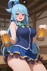 1girls ai_generated aqua_(konosuba) aqua_eyes aqua_hair beer big_ass big_breasts big_thighs blush dress drunk exposed_thighs femberserk kono_subarashii_sekai_ni_shukufuku_wo! long_hair no_panties patreon smile thighs voluptuous