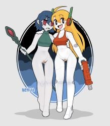 2girls annoyed annoyed_expression bandaid bandaid_on_pussy blonde_hair blue_hair bottomless bottomless_female breasts cave_story cleavage clouds curly_brace ear ear_piercing earrings eyebrows_visible_through_hair female firearm green_topwear gun hand_on_hip hand_on_shoulder handgun holding_gun holding_object holding_staff holding_weapon long_hair medium_breasts misery_(cave_story) navel nekuzx red_topwear revolver short_hair simple_background small_breasts smiling staff topwear weapon