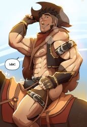 abs bara biceps bulge cowboy fenrir_(wolfshirtart) flaccid male male_nipples male_only muscular_male nipples pecs solo solo_male twitter_user_oc wolfshirtart