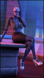 3d 3d_(artwork) alien alien_girl alien_humanoid asari blue_body blue_skin cleavage clothed female female_focus female_only foab30 glasses high_heels liara_t'soni mass_effect secretary skirt