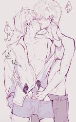 2boys blush erection french_kiss from_behind gay gintama gintoki_sakata handjob kissing male male_only monochrome off_shoulder okita_sougo open_shirt penis penis_out reach_around sketch tongue_out uncensored underwear yaoi yorei_sub