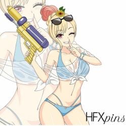 1girls bikini blue_bikini female female_only hfxpins human kitagawa_marin solo sono_bisque_doll_wa_koi_wo_suru sunglasses sunglasses_on_head transparent_clothing water_gun wet_shirt yellow_hair