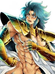 1boy abs armor armored_gloves blue_eyes blue_hair blush cape male male_chest male_focus male_only nipples nude nude_male white_cape